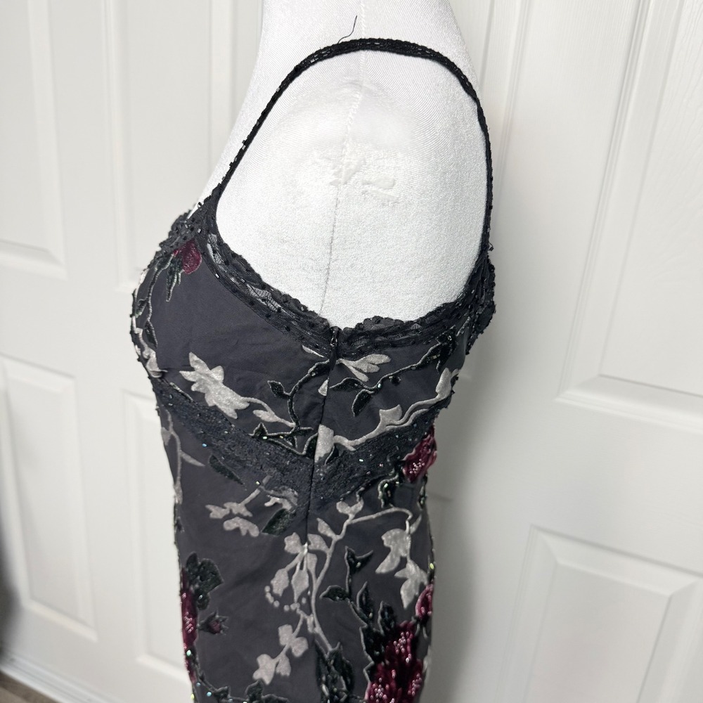 VTG Sue Wong Silk Burnout Velvet Floral Beaded Lace Maxi Dress Black Burgundy 6 - Picture 10 of 16